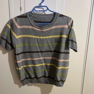 Women’s Striped Knit Short-Sleeve Sweater – Soft Grey Multi-Color, Cute & Casual